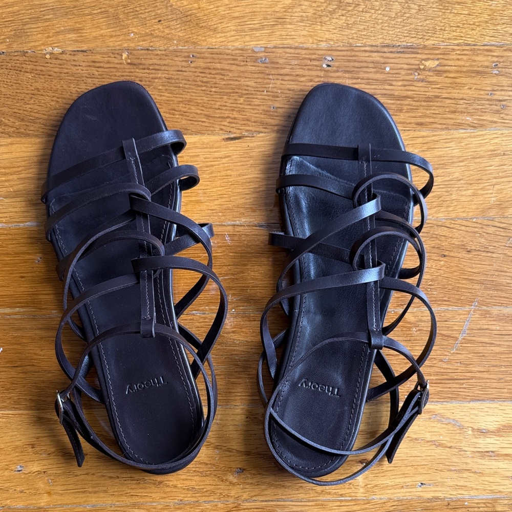 Theory Dark Brown Leather Strappy Sandals